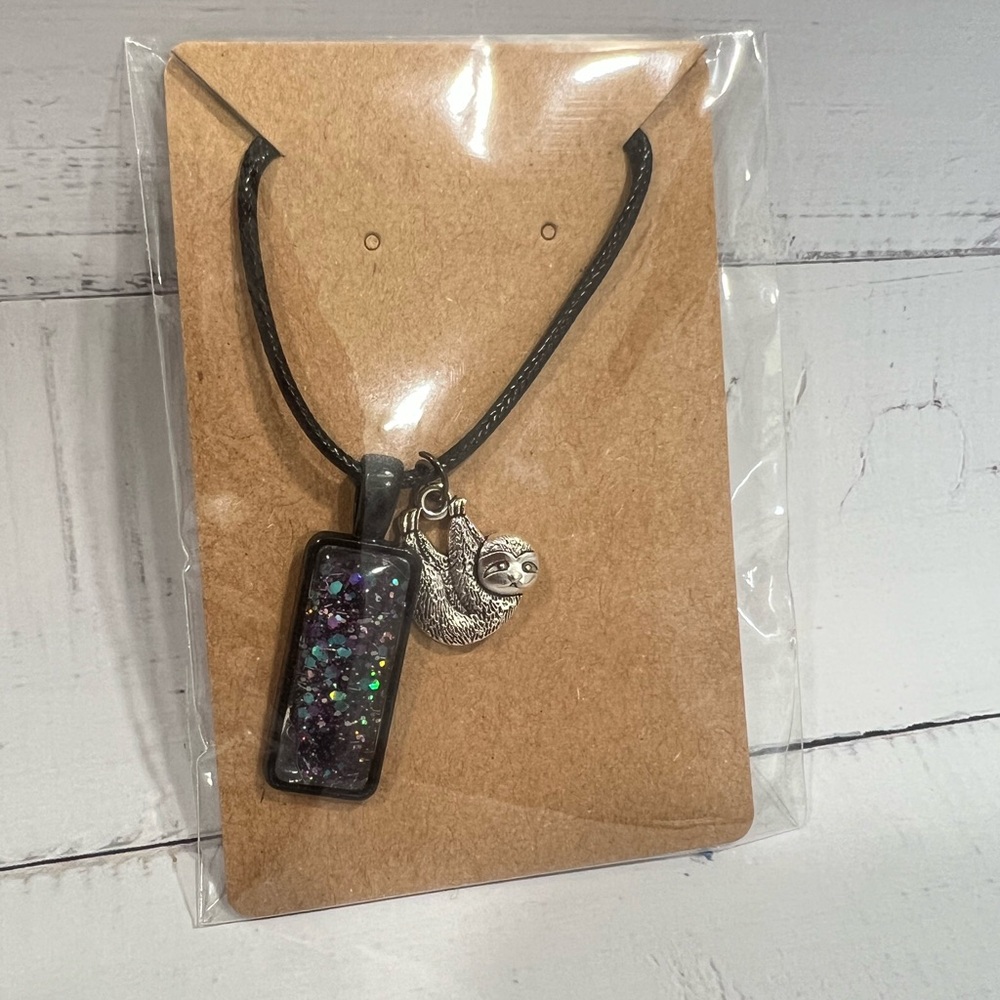 Sloth Charm Necklace with Glitter Resin Pendant - Black Cord